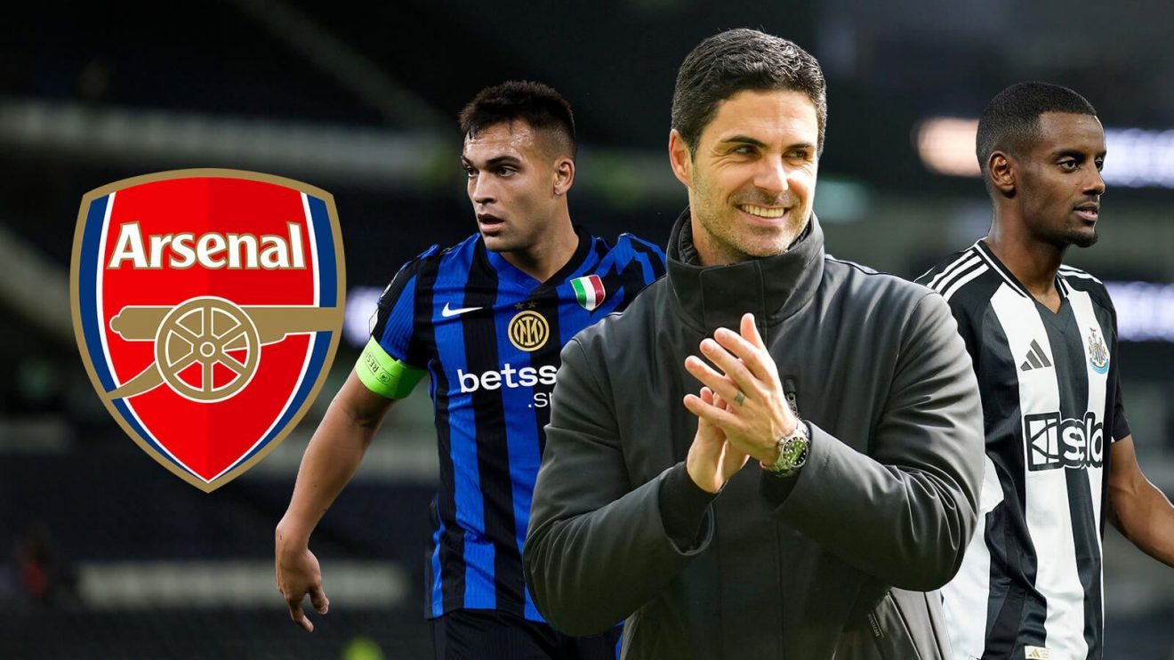 Mikel Arteta, Alexander Isak and Lautaro Martinez with the Arsenal badge