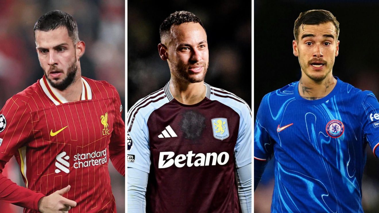 David Hancko in a Liverpool kit, Neymar in an Aston Villa kit and Harry Winks in a Chelsea kit