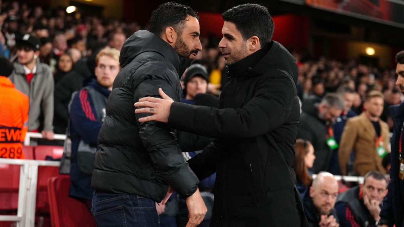 Man Utd head coach Ruben Amorim is greeted by Arsenal manager Mikel Arteta