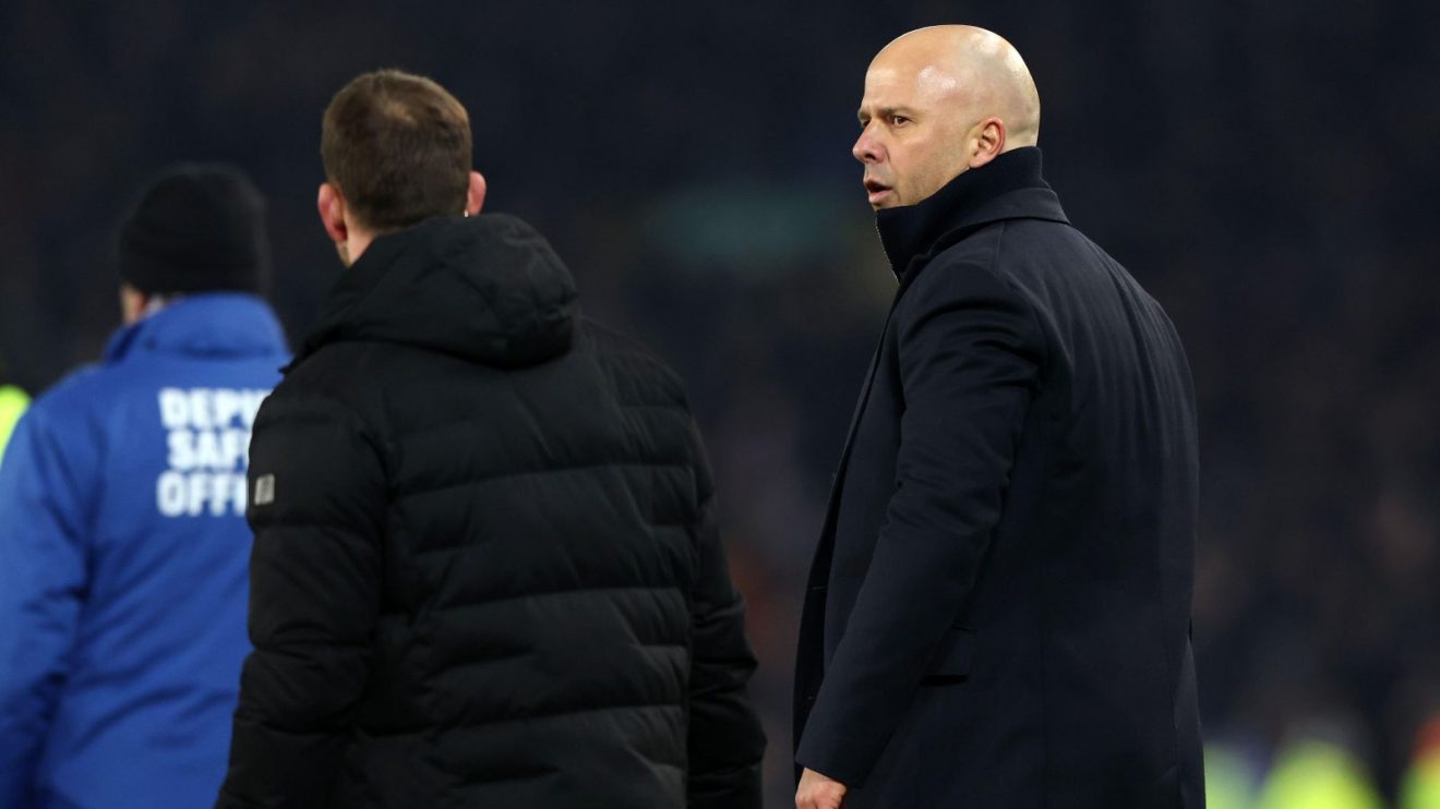 Liverpool coach Arne Slot looks frustrated after the draw against Everton
