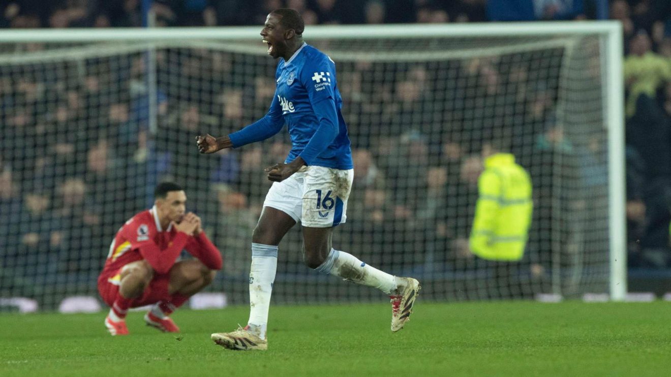 Everton midfielder Abdoulaye Doucoure celebrates after a match
