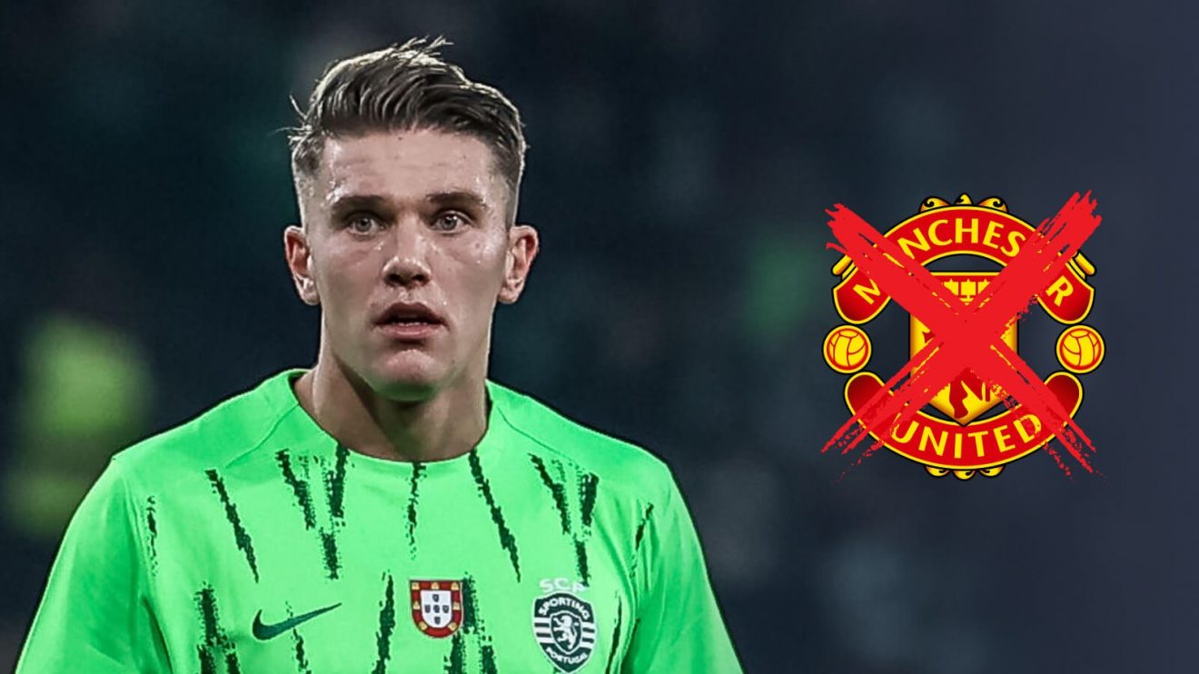 Viktor Gyokeres with a crossed out Man Utd badge