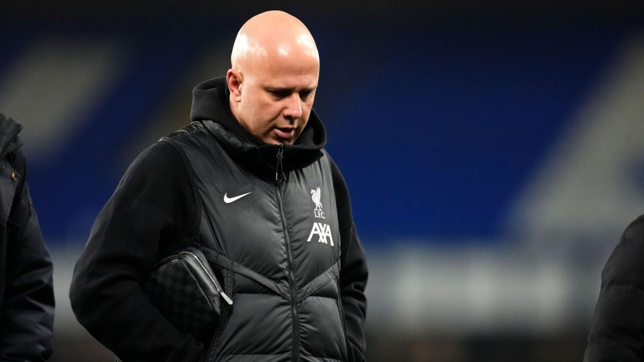 Liverpool coach Arne Slot reacts after the Everton draw