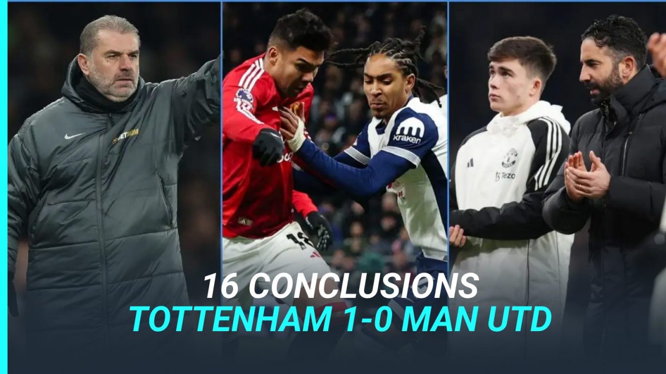 Spurs manager Ange Postecoglou, Casemiro and Djed Spence and Manchester United coach Ruben Amorim