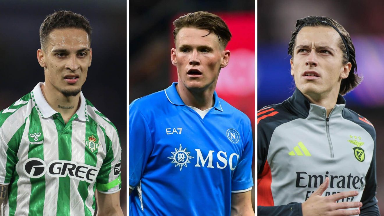 Real Betis forward Antony, Napoli player Scott McTominay and Benfica defender Alvaro Carreras