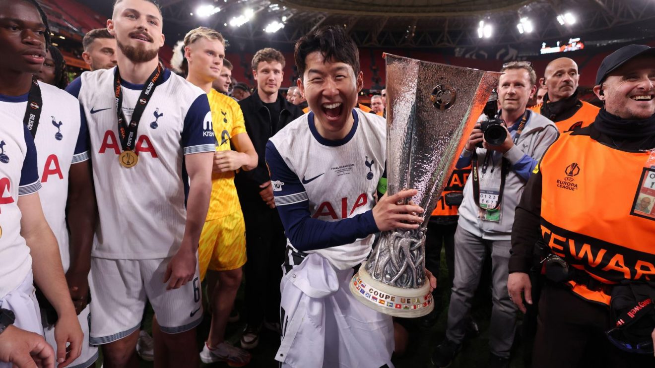 Heung-min Son celebrates with the Europa League trophy