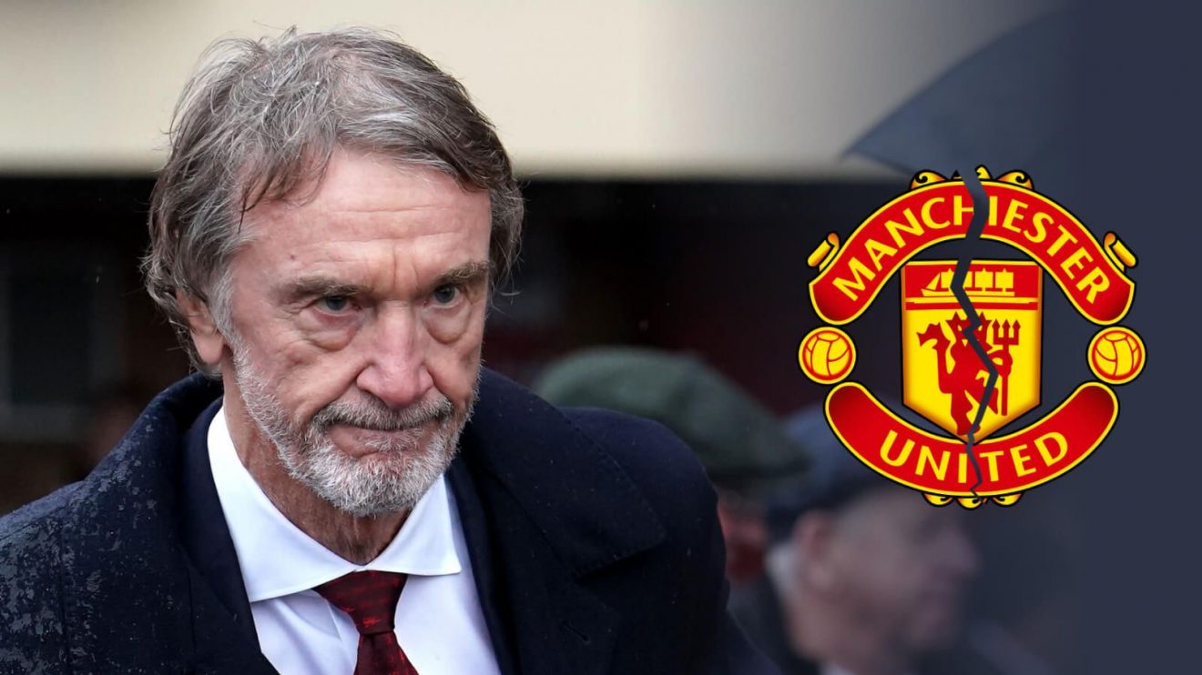 Sir Jim Ratcliffe with a cracked Manchester United badge