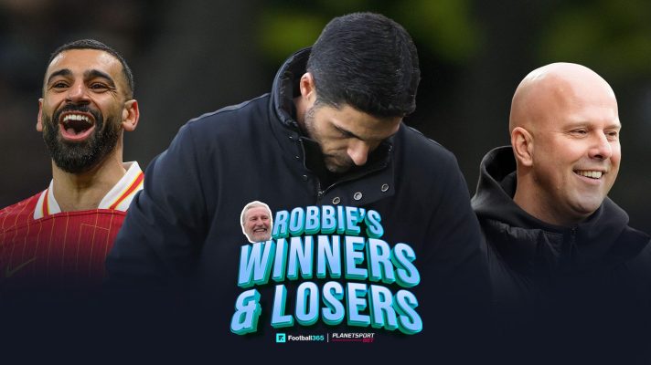 Mo Salah and Arne Slot look happy while Mikel Arteta is dejected.