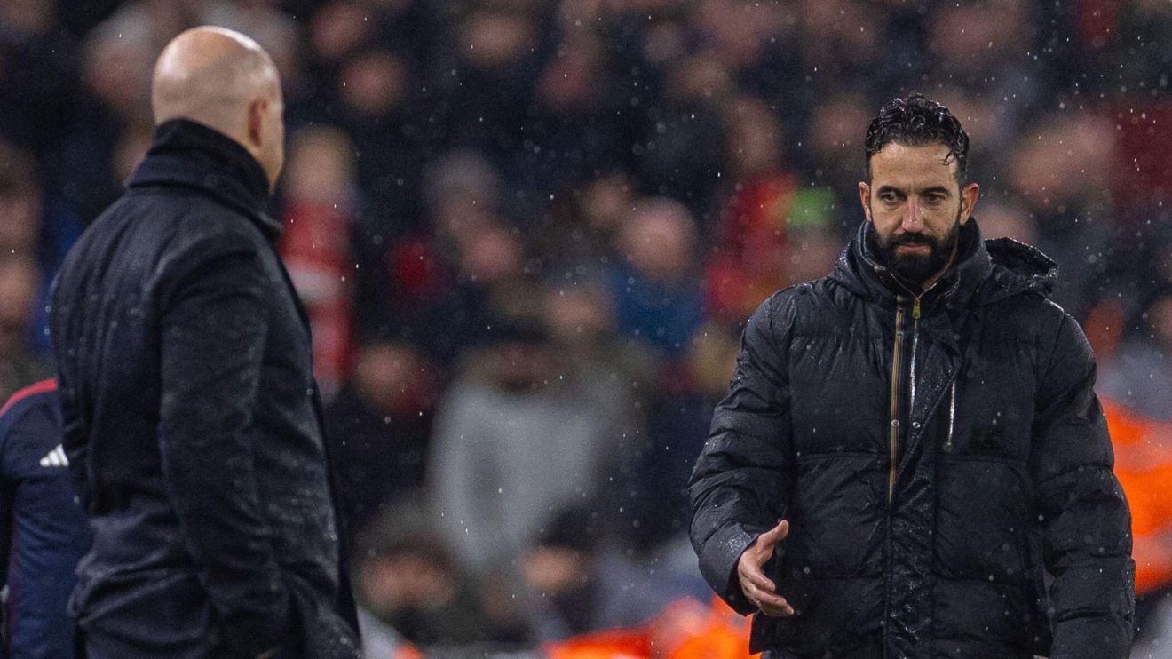 Liverpool manager Arne Slot with Manchester United coach Ruben Amorim on the touchline