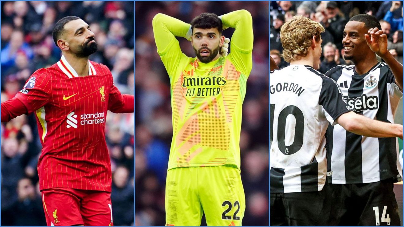 Liverpool's Mo Salah, Arsenal keeper David Raya and Anthony Gordon and Alexander Isak of Newcastle