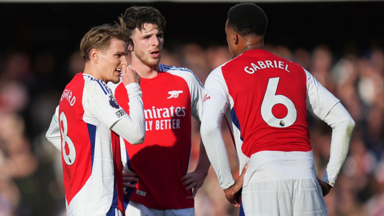 Arsenal trio Martin Odegaard, Declan Rice and Gabriel during a match