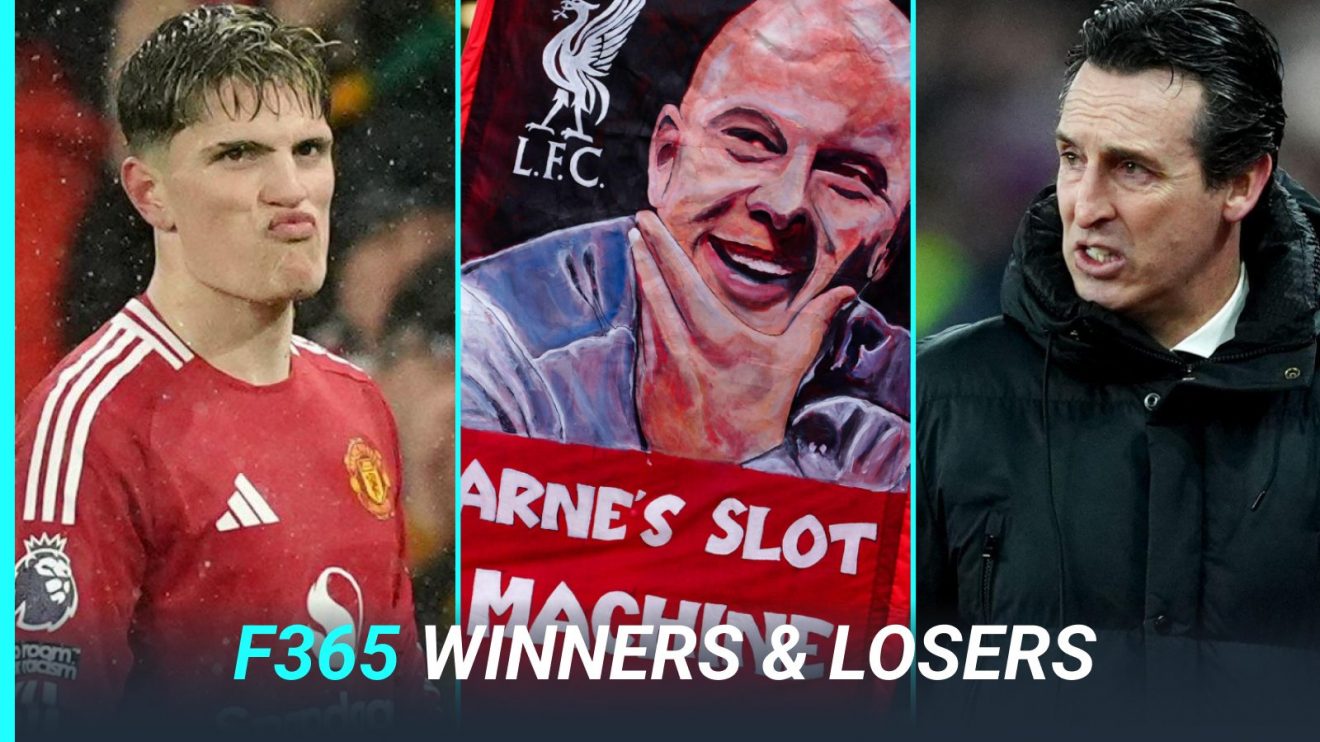 Alejandro Garnacho, a flag of Liverpool manager Arne Slot, and Unai Emery.