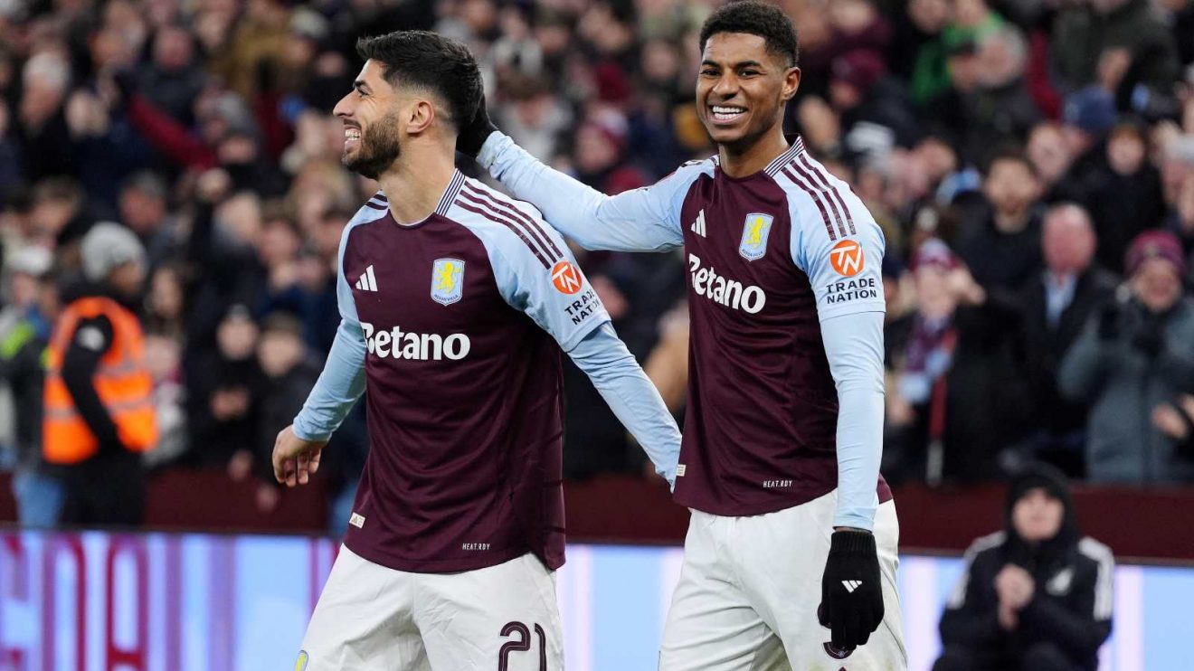 Aston Villa duo Marco Asensio and Marcus Rashford celebrate a goal