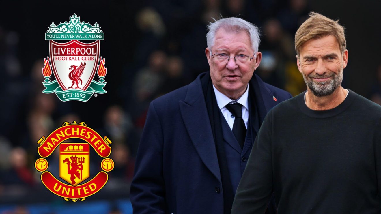 Sir Alex Ferguson and Jurgen Klopp with the Liverpool and Manchester United badges