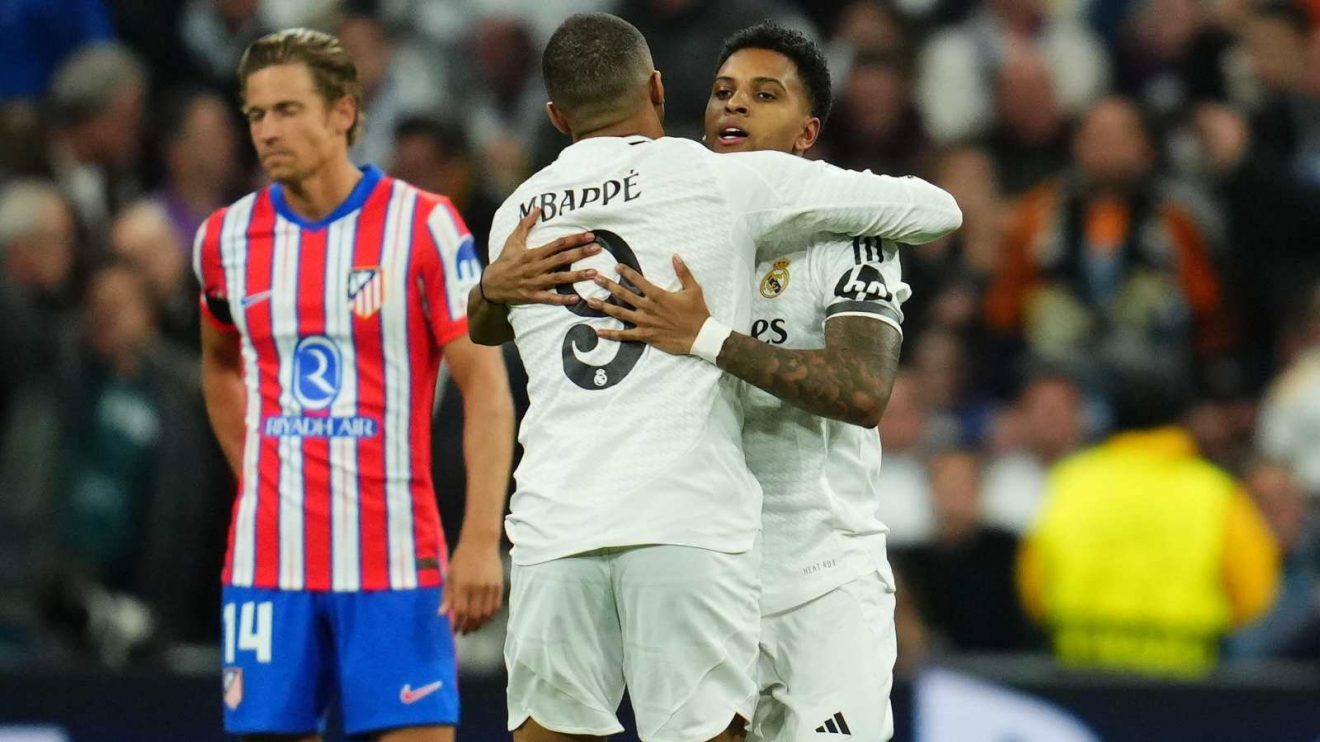 Real Madrid duo Rodrygo and Kylian Mbappe celebrate a goal