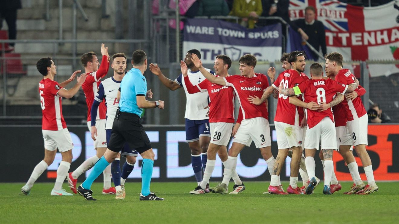 AZ Alkmaar celebrate their winning goal in the Europa League last 16 first leg against Tottenham
