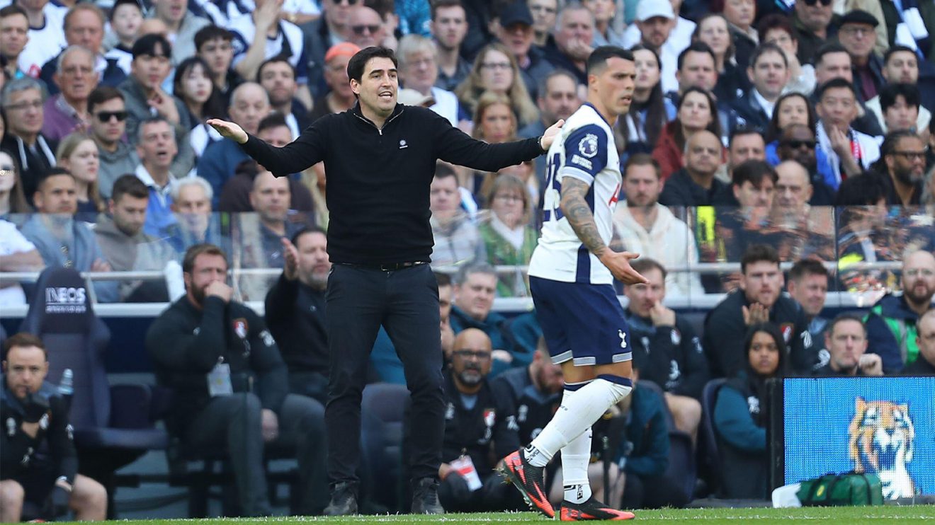 Andoni Iraola issues a big shrug on the sidelines during his side's clash with Tottenham
