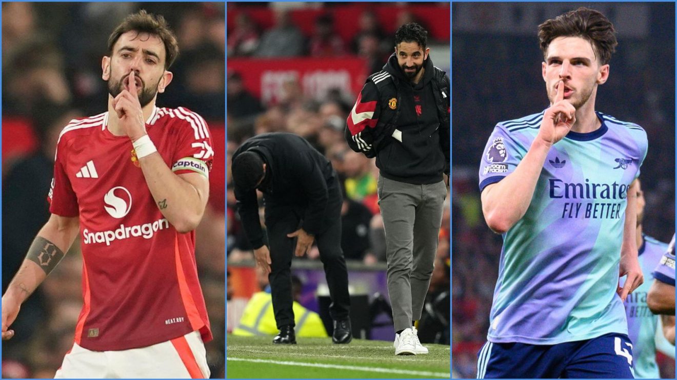 Manchester United player Bruno Fernandes, Mikel Arteta and Ruben Amorim, and Declan Rice of Arsenal
