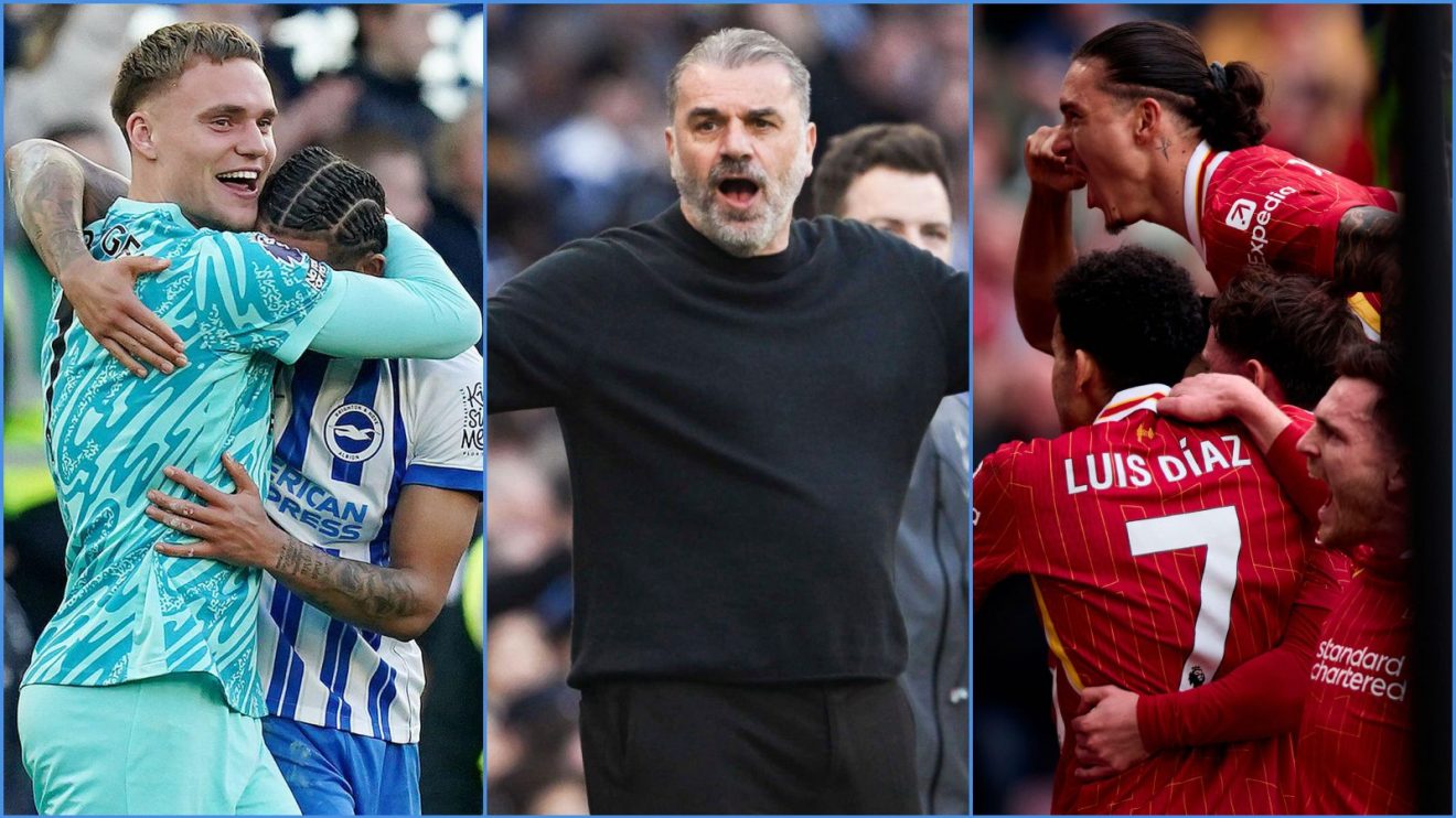 Bart Verbruggen and a Brighton teammate, Spurs coach Ange Postecoglou and Liverpool stars celebrate