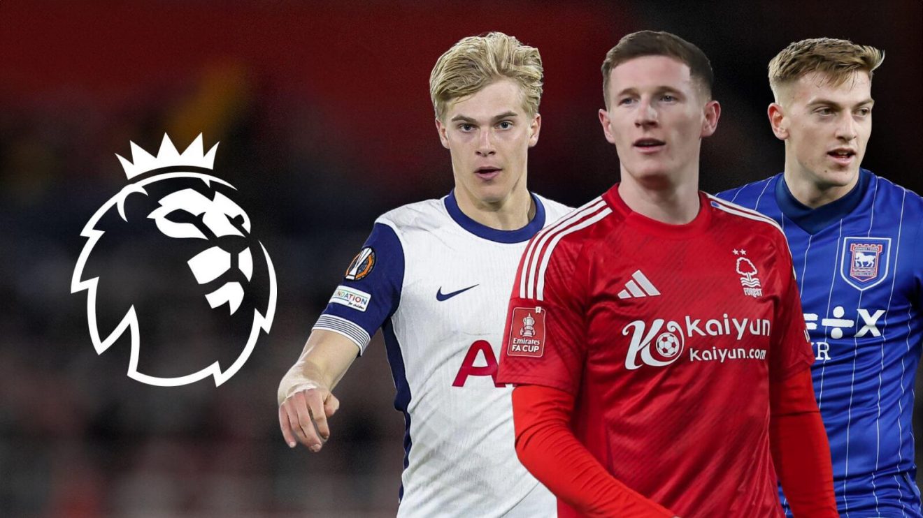 Liam Delap, Elliot Anderson and Lucas Bergvall with the Premier League logo