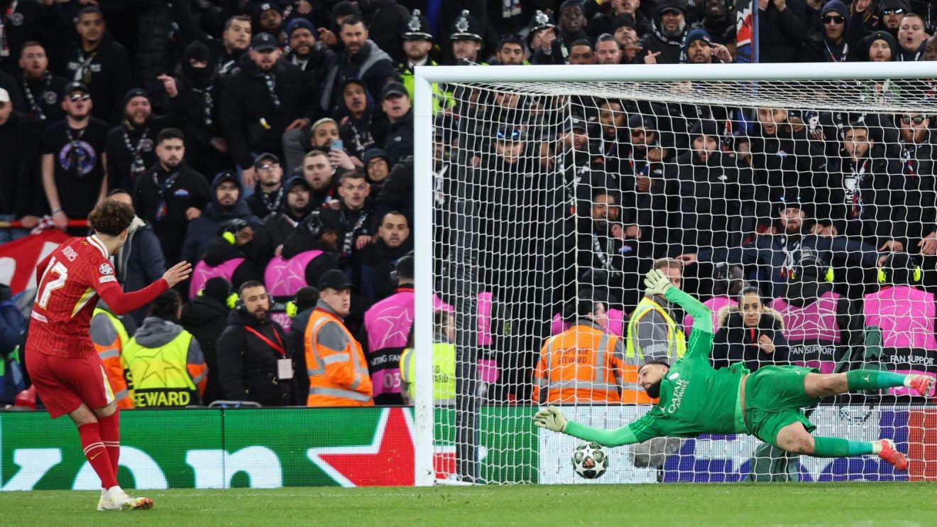 Gianluigi Donnarumma saves a penalty from Curtis Jones as PSG beat Liverpool in a Champions League shoot-out at Anfield