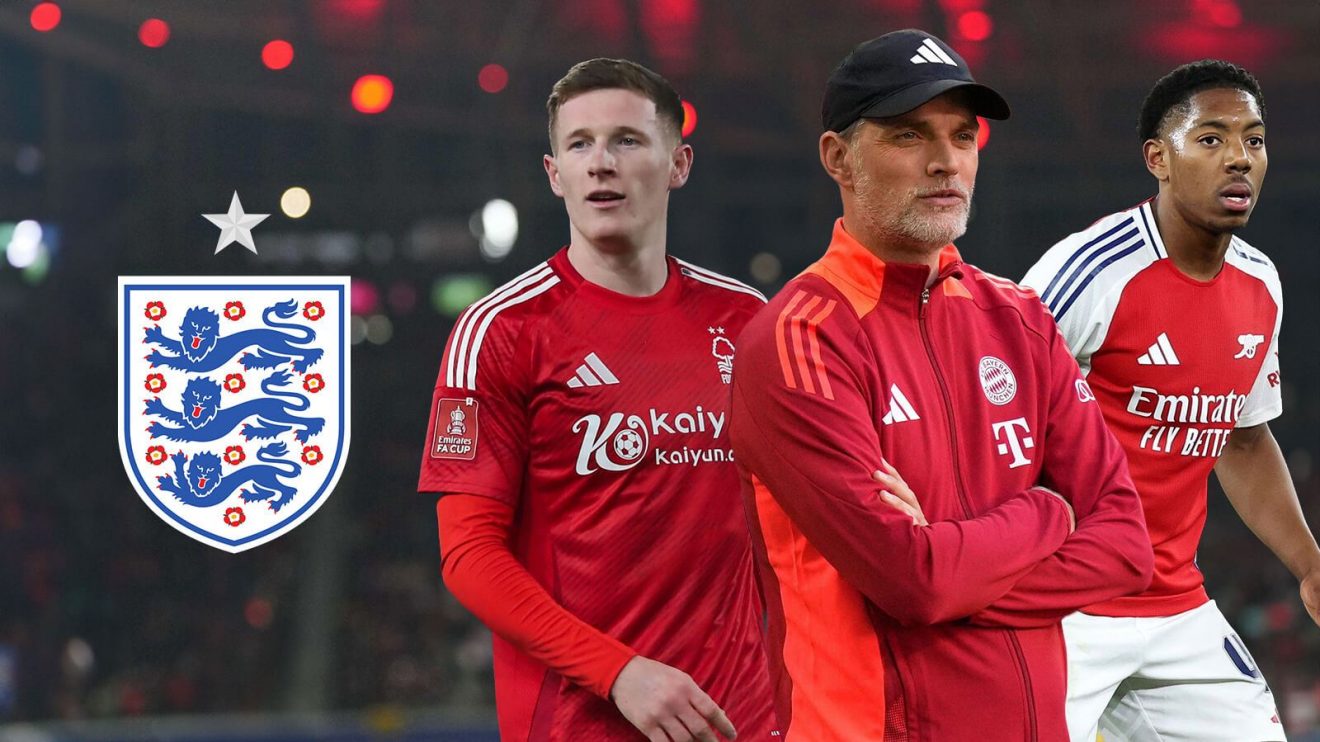 Thomas Tuchel, Elliot Anderson and Myles Lewis-Skelly with the England badge
