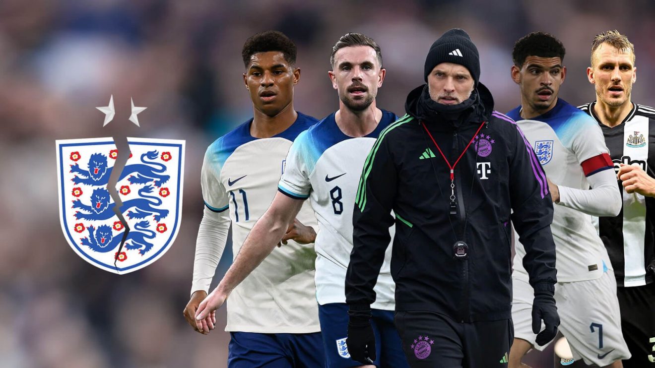 Cracked England badge with Marcus Rashford, Jordan Henderson, Thomas Tuchel, Morgan Gibbs-White and Dan Burn