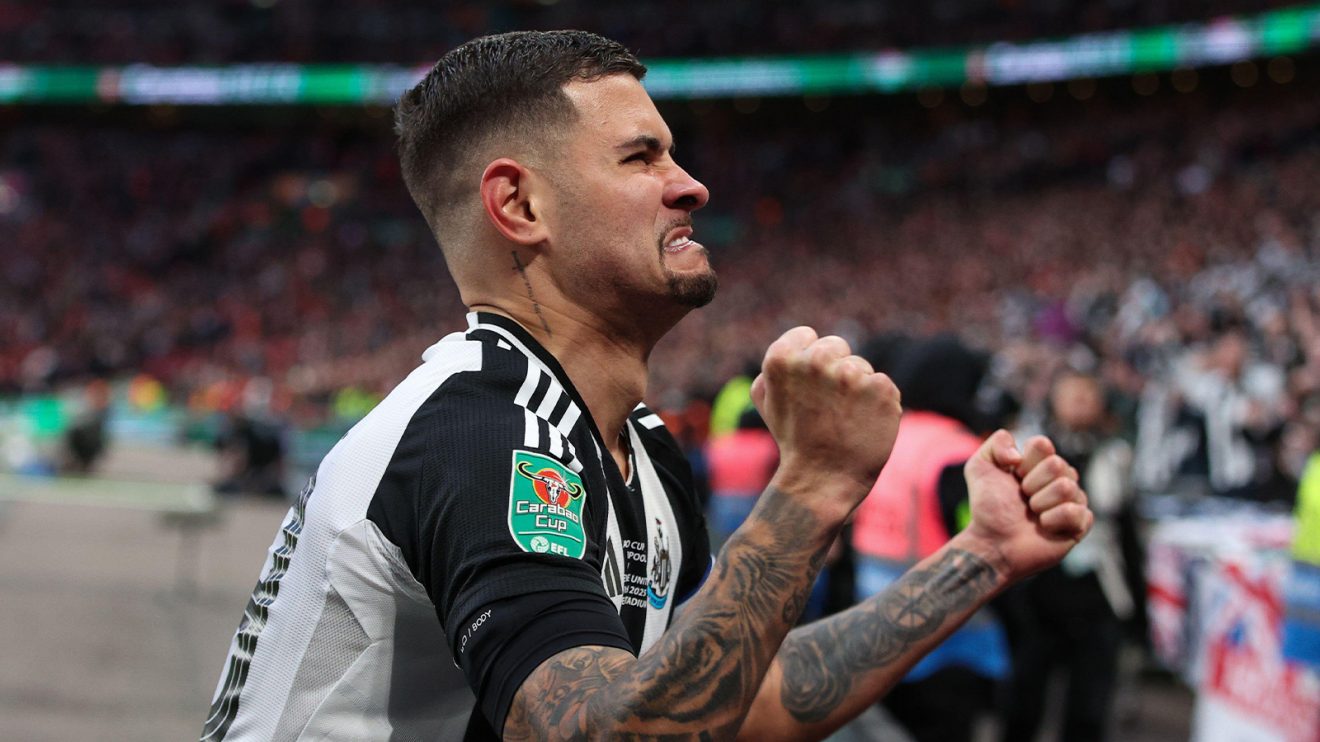 Bruno Guimaraes tearfully celebrates with Newcastle United fans at Wembley