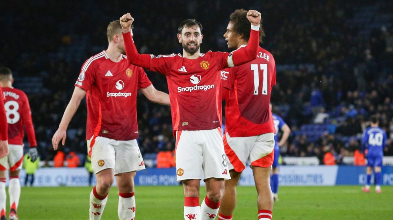 Bruno Fernandes celebrates after scoring for Manchester United in a 3-0 Premier League win at Leicester