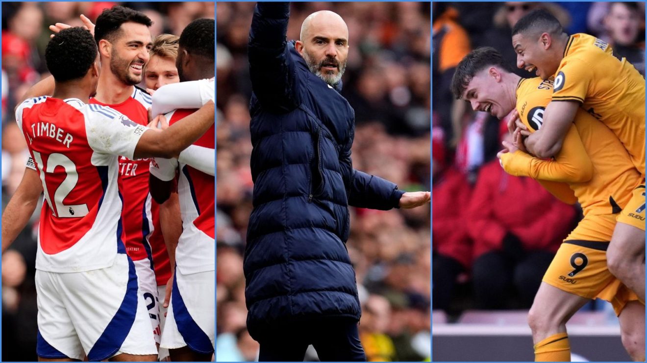 Arsenal players celebrate, Chelsea coach Enzo Maresca and Wolves striker Jorgen Strand Larsen