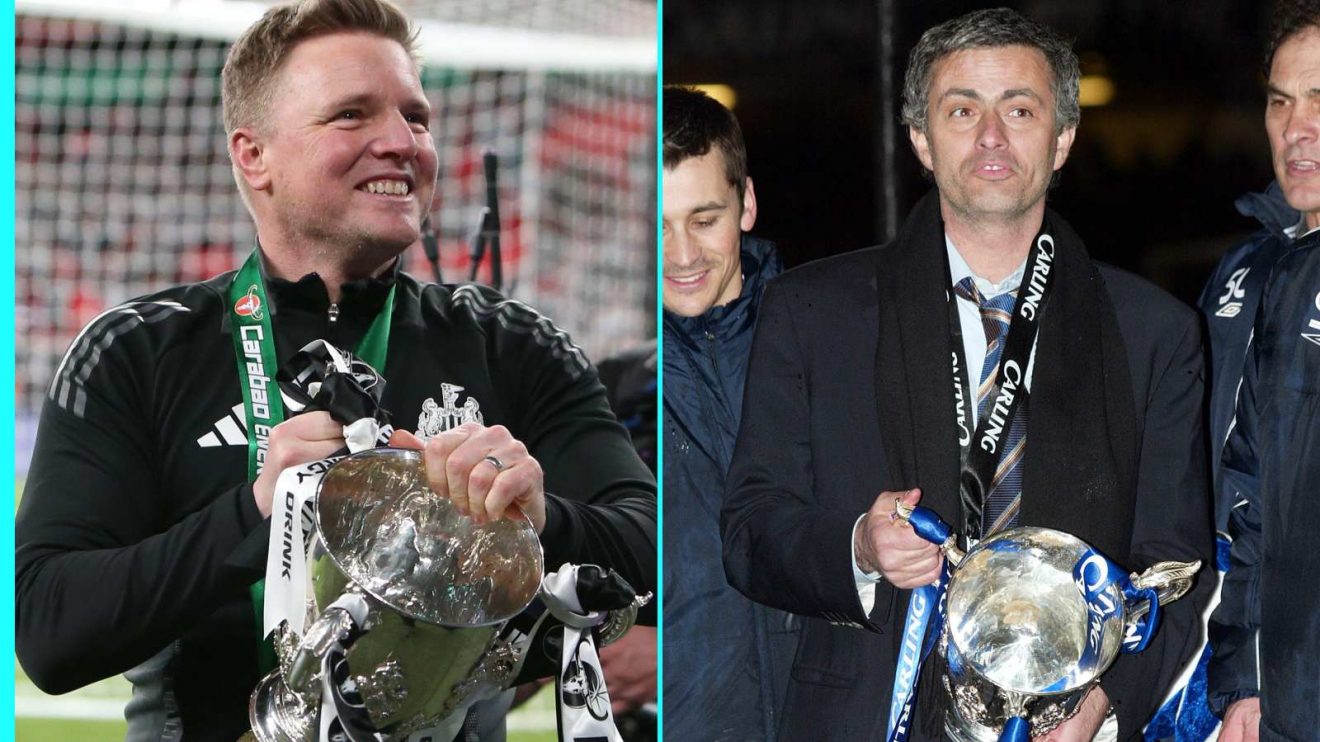 Eddie Howe and Jose Mourinho with the Carabao Cup trophies