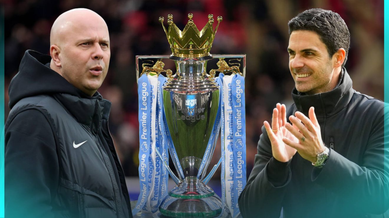 Arne Slot and Mikel Arteta with the Premier League trophy.