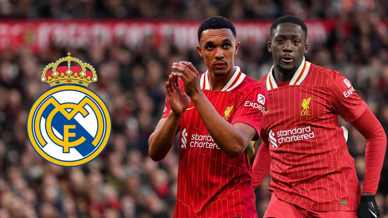 Liverpool defenders Ibrahima Konate and Trent Alexander-Arnold with the Real Madrid badge