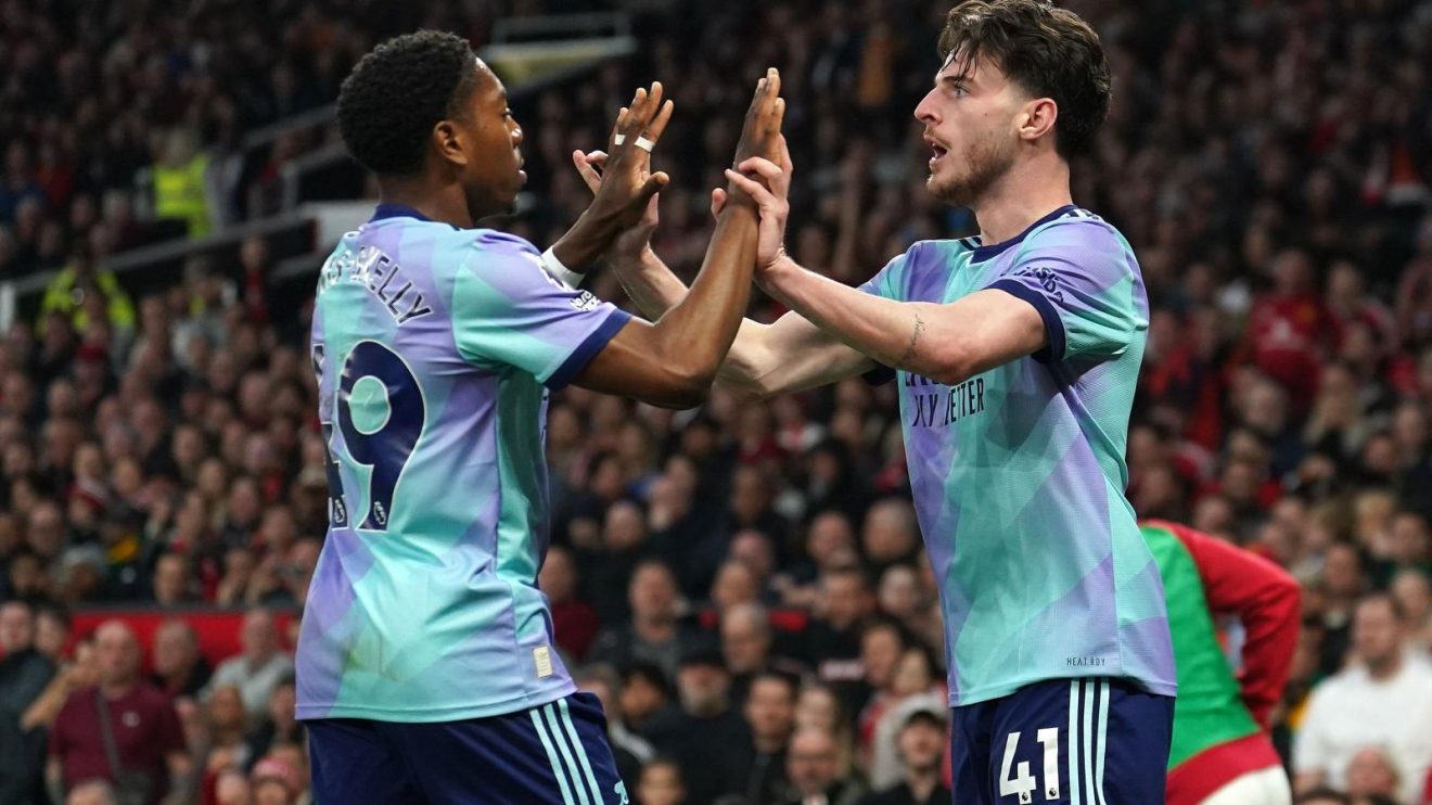 Arsenal and England players Declan Rice and Myles Lewis-Skelly celebrate a goal