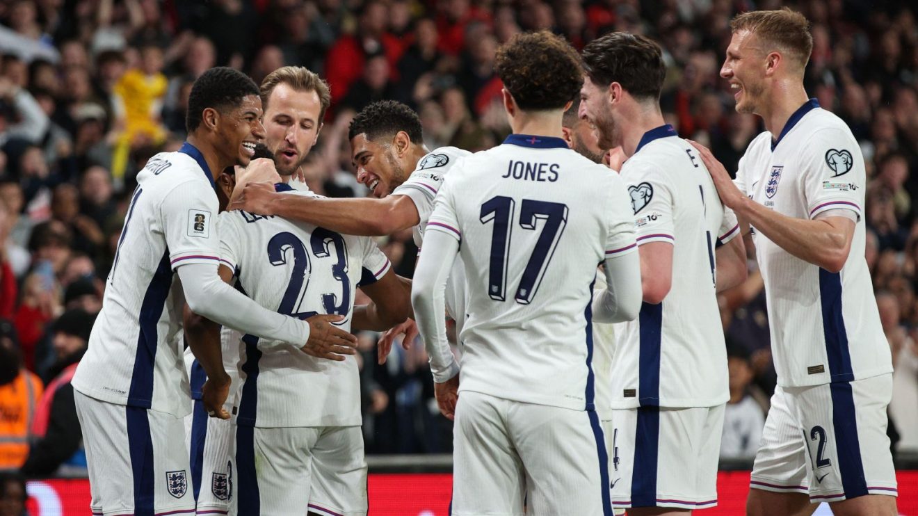 England players celebrate Myles Lewis-Skelly's goal against Albania at Wembley