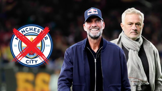 Jurgen Klopp and Jose Mourinho with a crossed out Manchester City badge