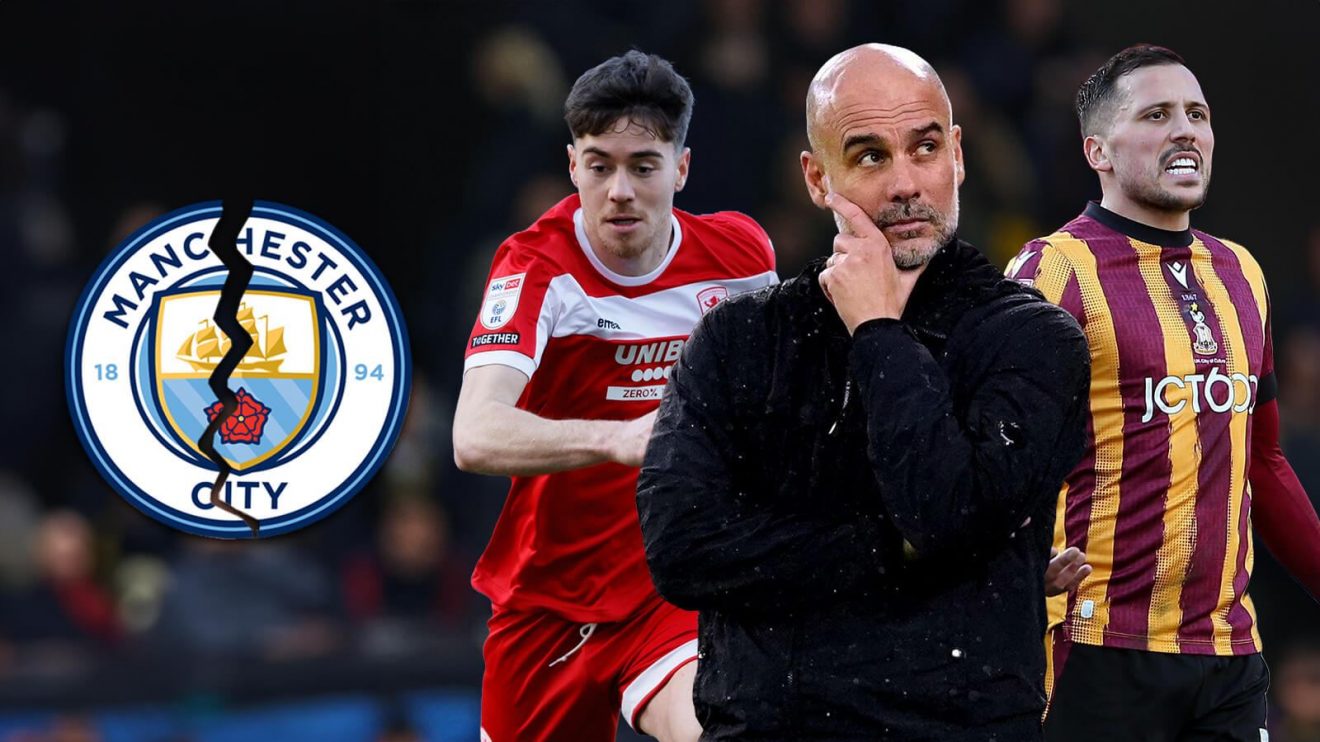 Antoni Sarcevic, Pep Guardiola and Hayden Hackney with a cracked Man City badge
