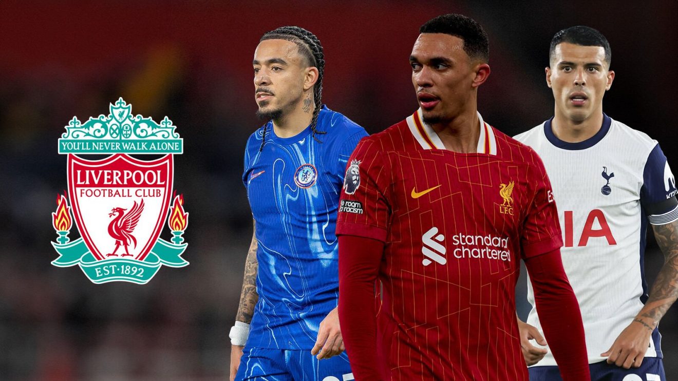 Pedro Porro, Trent Alexander-Arnold and Malo Gusto with the Liverpool badge