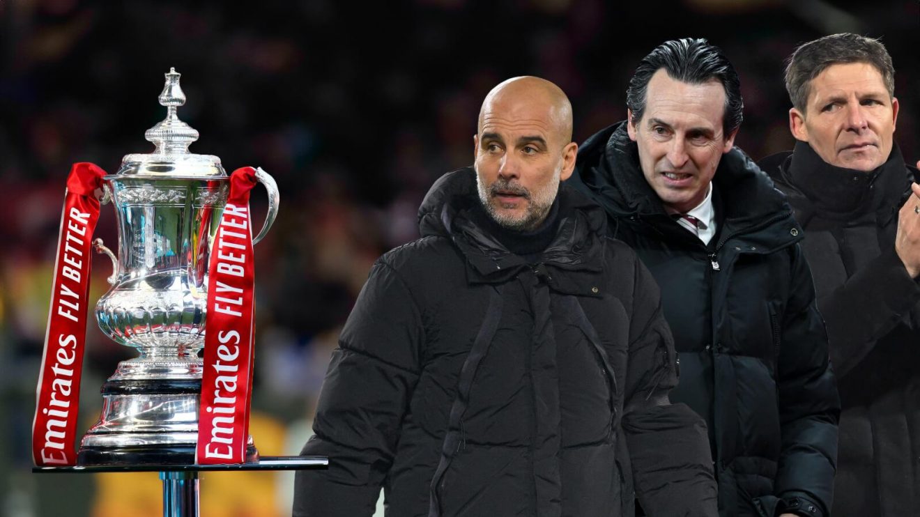 Oliver Glasner, Unai Emery and Pep Guardiola with the FA Cup trophy