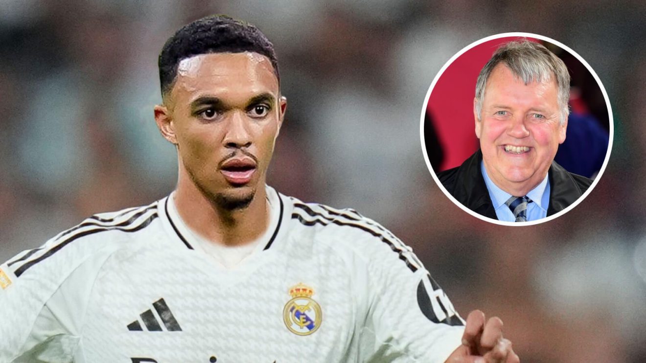 Trent Alexander-Arnold in a Real Madrid shirt with Clive Tyldesley inset