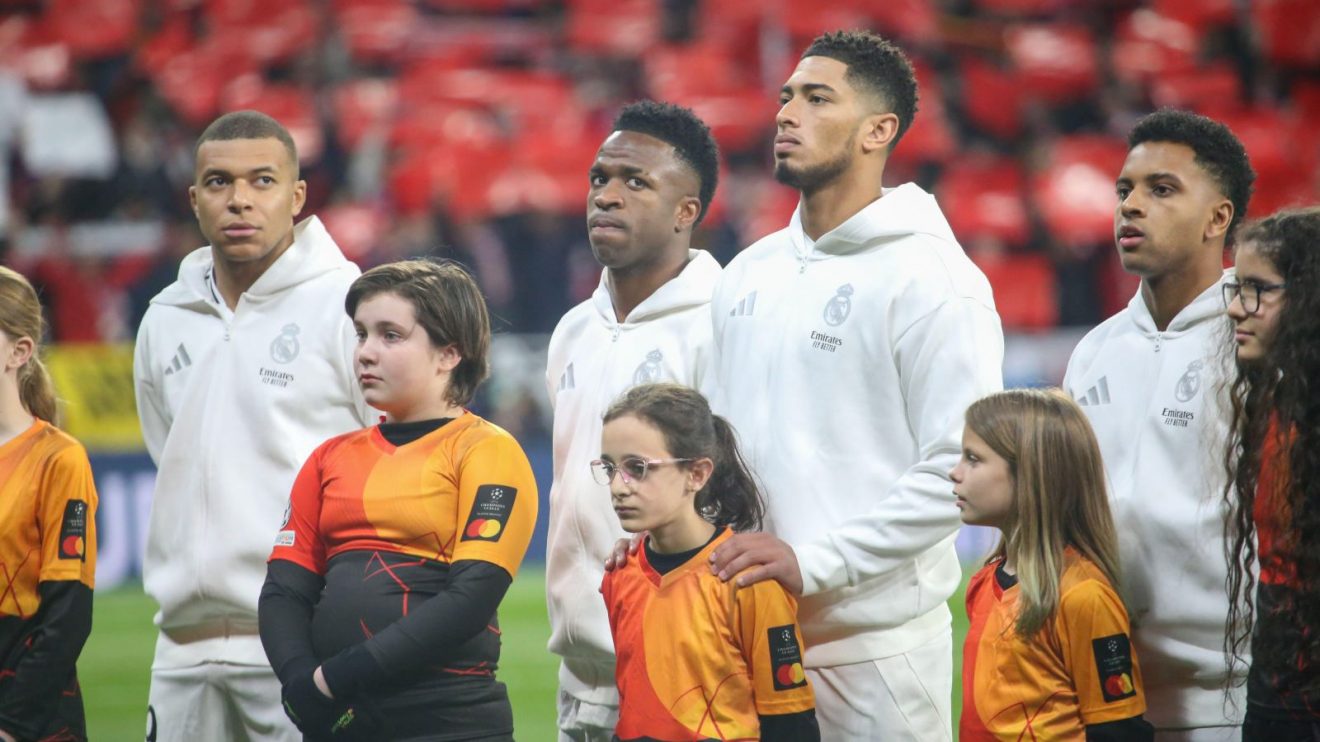 Real Madrid players Kylian Mbappe, Vinicius Jr, Jude Bellingham and Rodrygo before a game