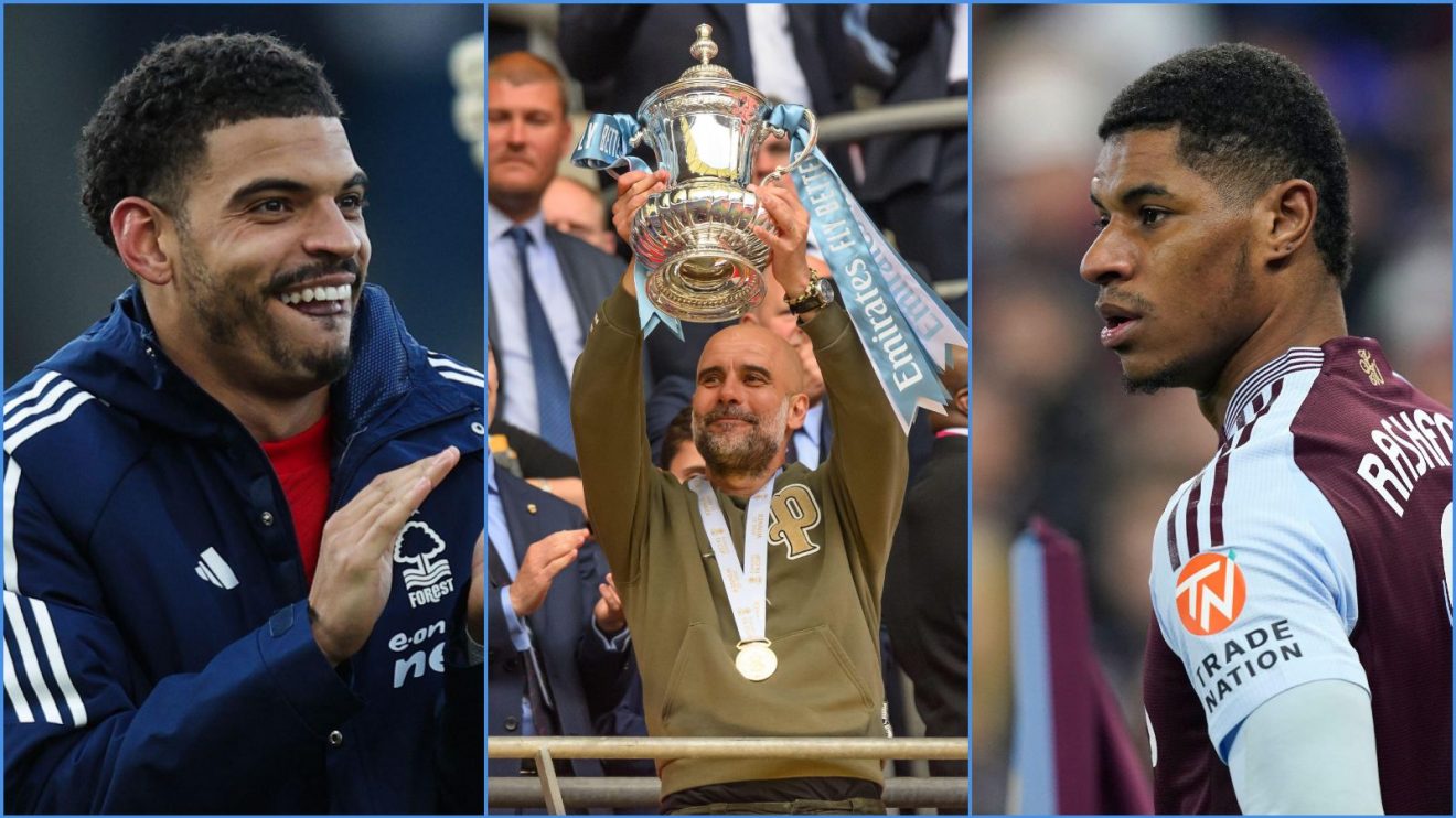 Nottingham Forest's Morgan Gibbs-White, Pep Guardiola of Man City and Aston Villa's Marcus Rashford