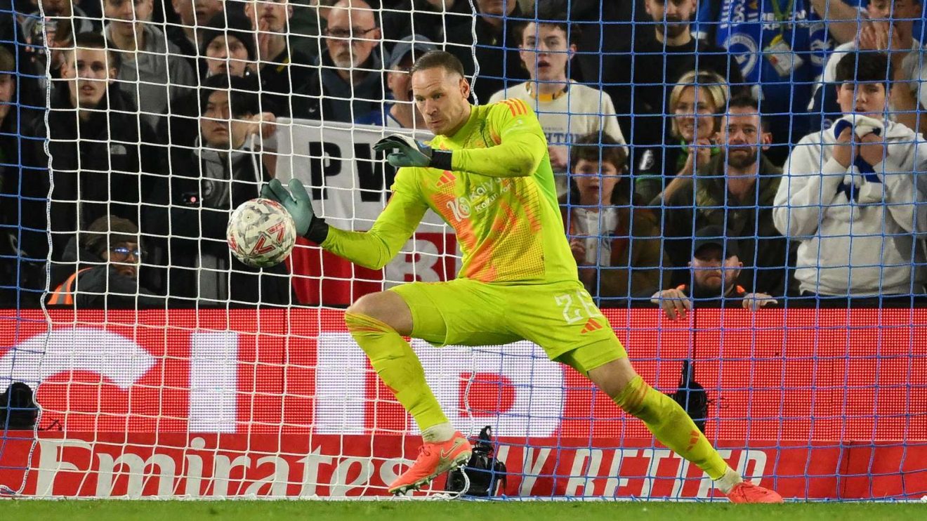 Nottingham Forest goalkeeper Matz Sels saves from Diego Gomez of Brighton in the FA Cup quarter-final penalty shoot-out