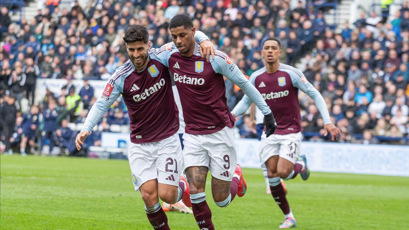 Marcus Rashford celebrates his opening goal for Aston Villa against Preston North End