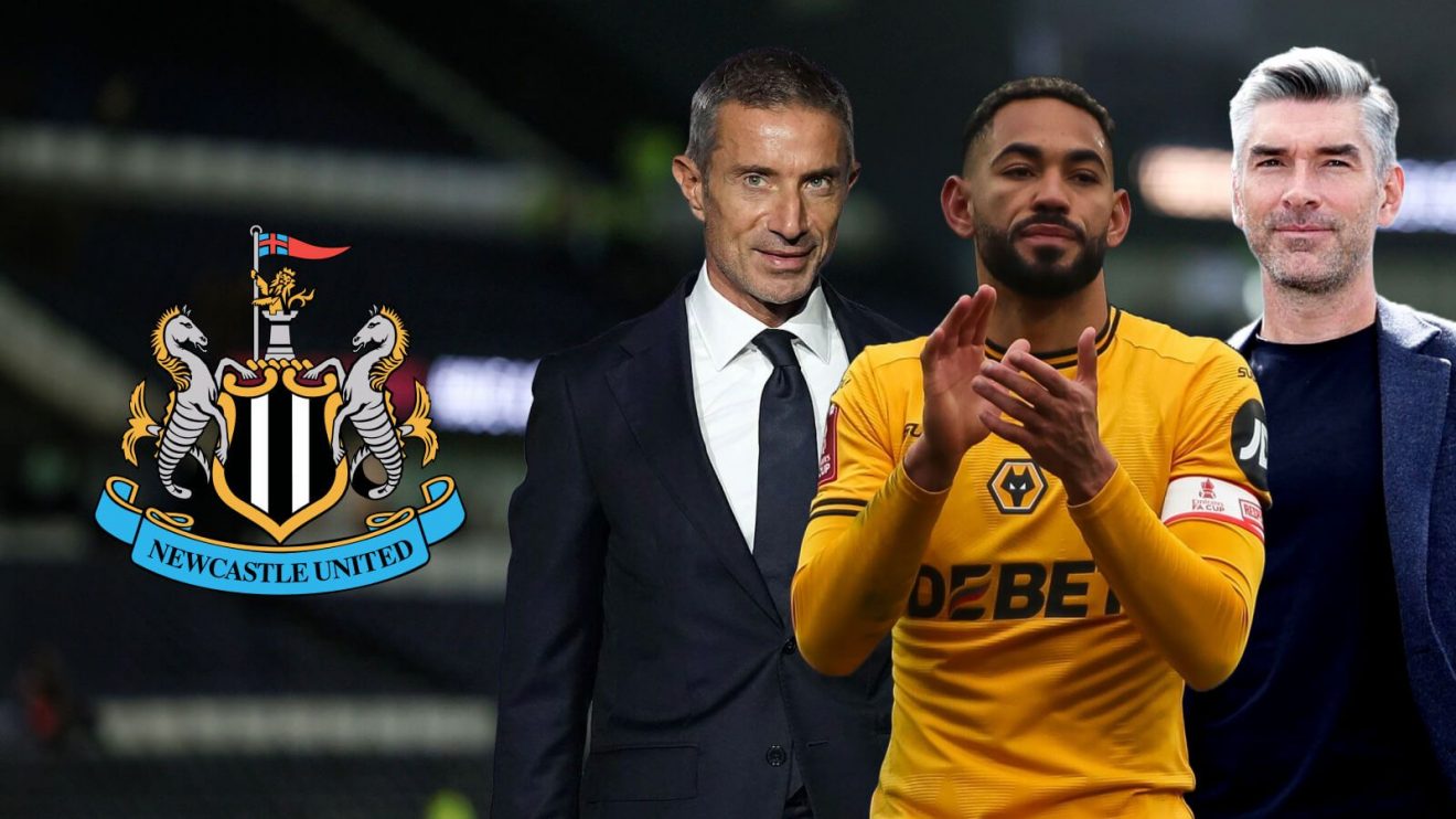 Arsenal's Andrea Berta, Wolves' Matheus Cunha and Liverpool's Richard Hughes with a Newcastle badge