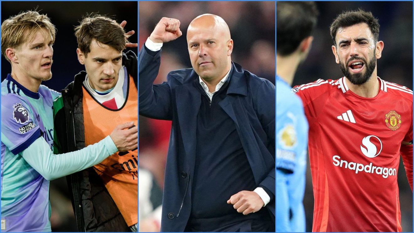 Martin Odegaard and Jakub Kiwior of Arsenal, Liverpool's Arne Slot and Bruno Fernandes of Man Utd