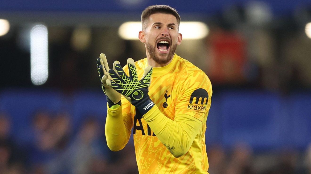 Spurs keeper Guglielmo Vicario reacts against Chelsea