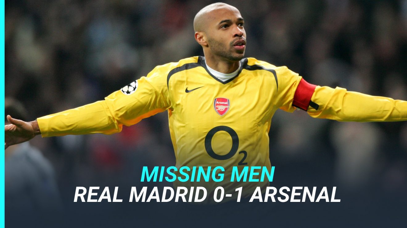 Thierry Henry celebrates after scoring for Arsenal against Real Madrid at the Bernabeu.