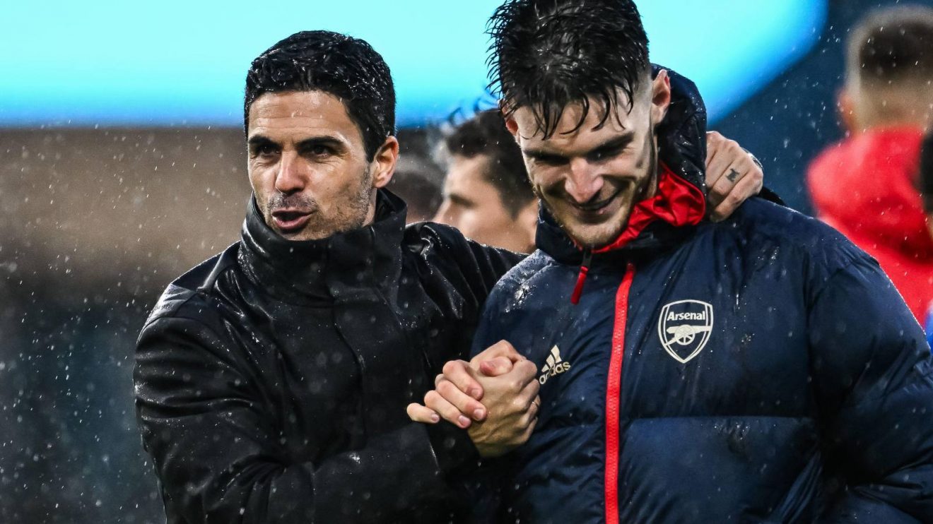 Arsenal manager Mikel Arteta and Declan Rice celebrate after a win