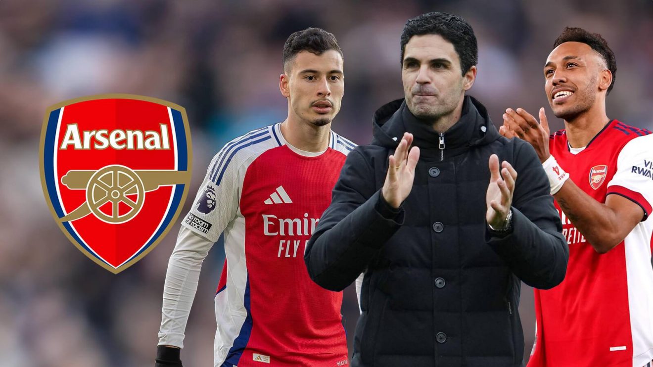 Mikel Arteta, Pierre-Emerick Aubameyang and Gabriel Martinelli with the Arsenal badge